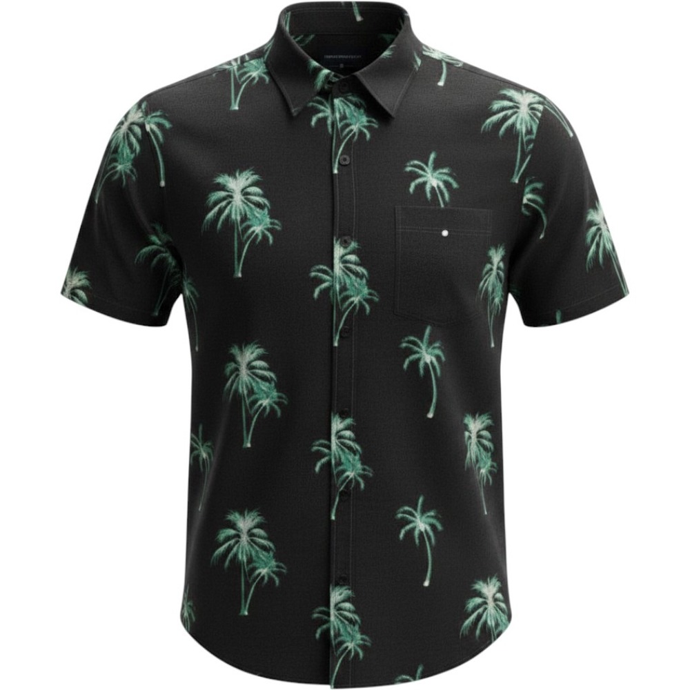 Modern Amusement Mens L Hawaiian Shirt Black Teal Palm Tree Tropical 100% Cotton